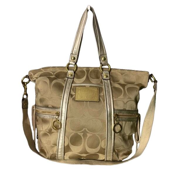 COACH Poppy Large Canvas Gold Tan Tote Shoulder Bag Crossbody - Picture 1 of 8